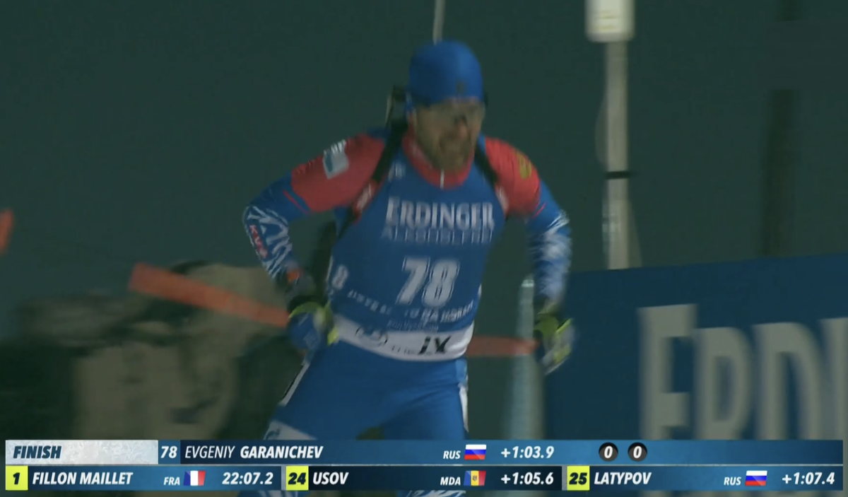 Евгений Гараничев финиширует на 30 месте с точной стрельбой в спринте.