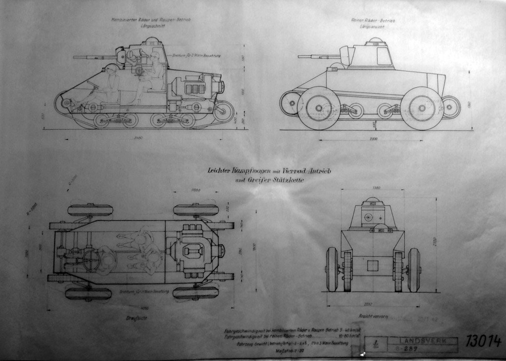 Непосредственный предшественник Landsverk L-80. Здесь предполагалось ставить оппозитный мотор Krupp, а также 20-мм автоматическую пушку Madsen. Данный проект также еще "немецкий".