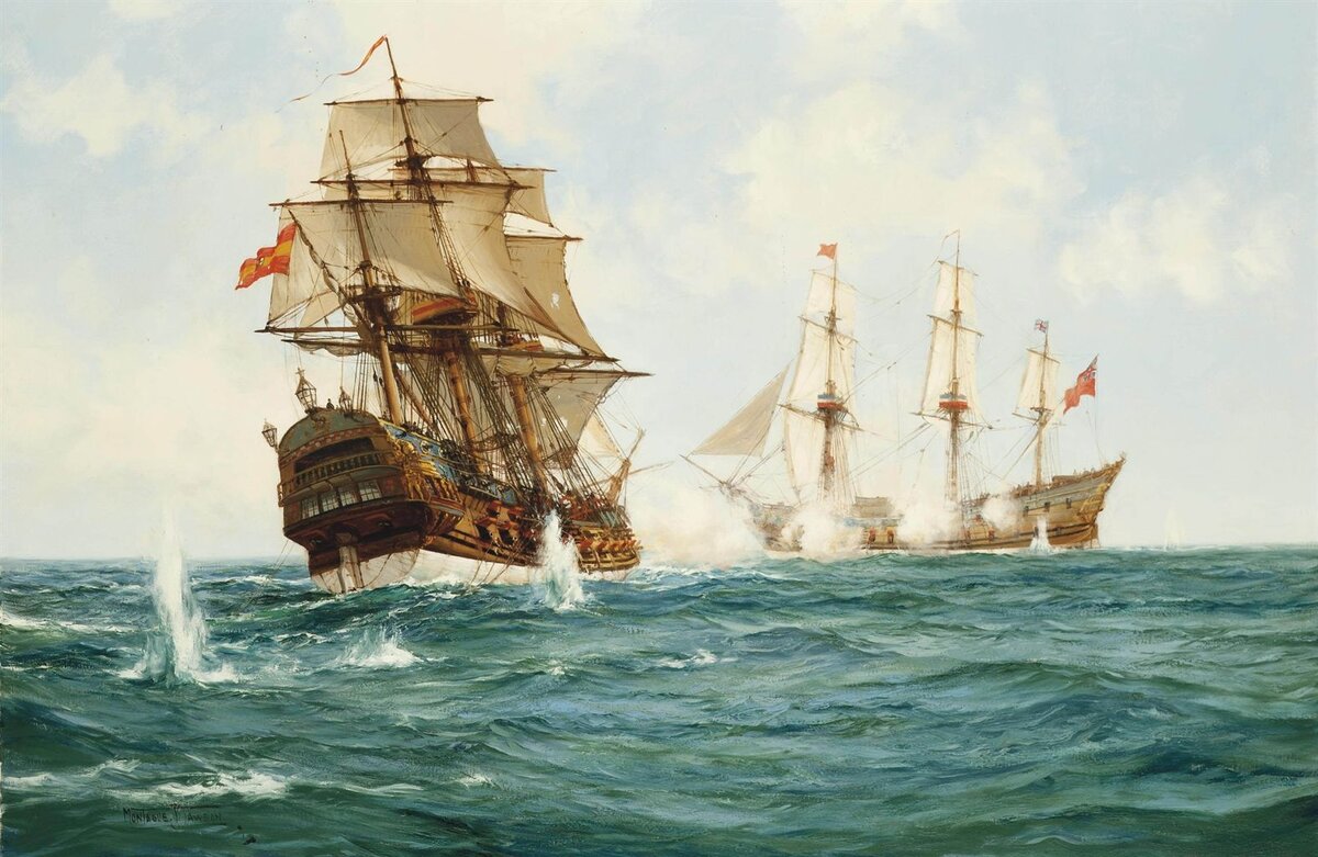 HMS Centurion захватывает испанский корабль с сокровищами, XVIII век. Художник: Montague Dawson