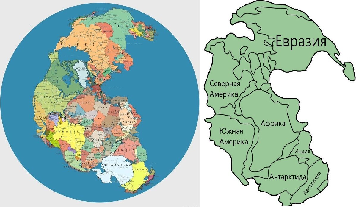 Карта праматерика Пангея с очертаниями современных континентов и крупных островов