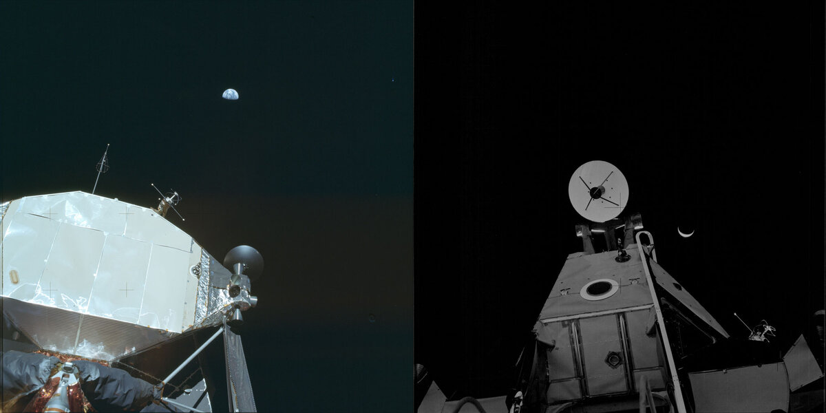 Земля над лунным модулем «Аполлона-11» и «Аполлона-14». Фотографии A11-40-5923 и AS14-64-9191.