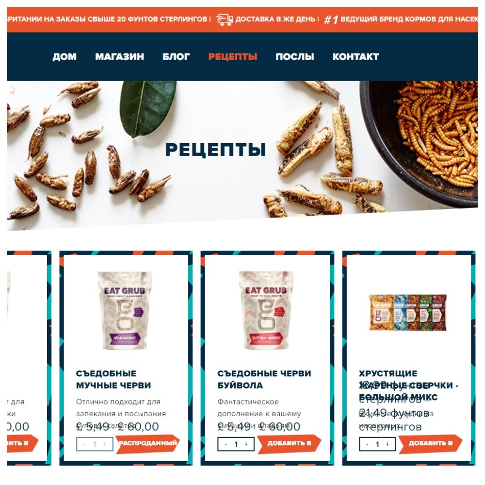 Продукция и цены от компании по производству съедобных насекомых Eat Grub, которые продаются в британской сети супермаркетов Sainsbury's.  