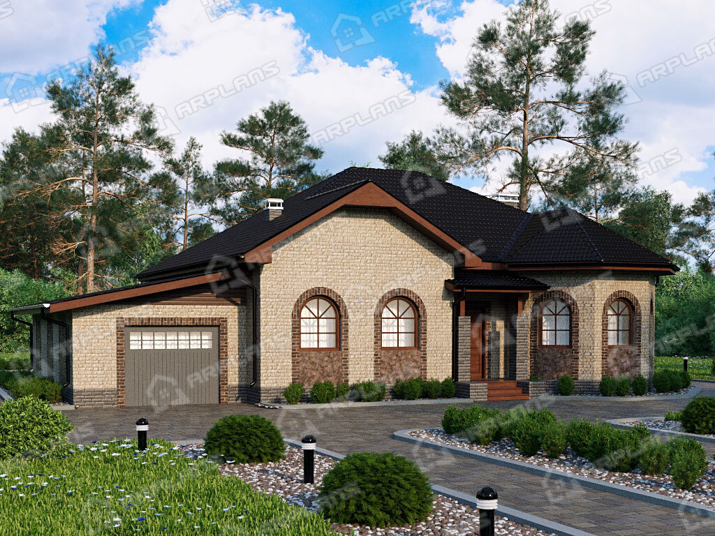 Фото 2 одноэтажного дома из газобетона с 3 спальнями, эркером, газовой котельной, террасой и гаражом. Общая площадь до 200 (198) кв м. Источник arplans.ru Проект К-251 