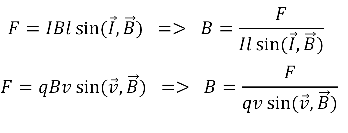 Вывод формулы для расчёта значения магнитной индукции через формулы силы Ампера и силы Лоренца.