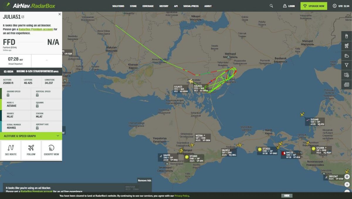 Маршрут следования  стратегических бомбардировщика B-52H Stratofortress ВВС США над территорией Украины до границ с Российской Федерацией