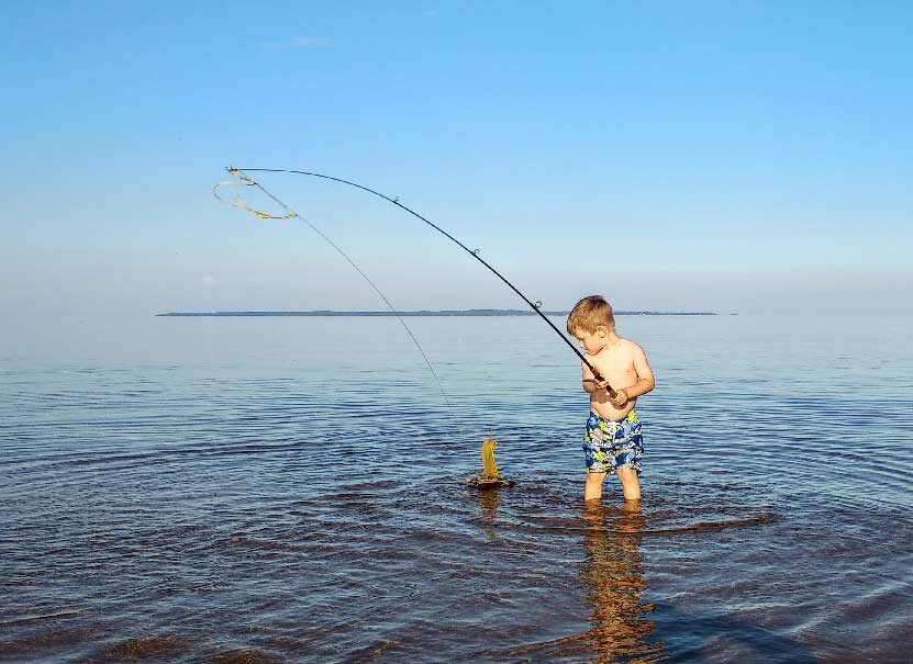 Фото автора: сын на Ладоге, катает удочкой кораблик, сделанный дедушкой.