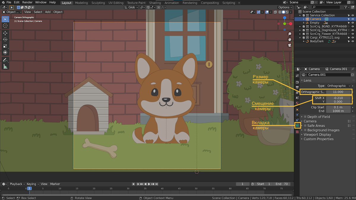 Вкладка камеры, размер, параметры смещения