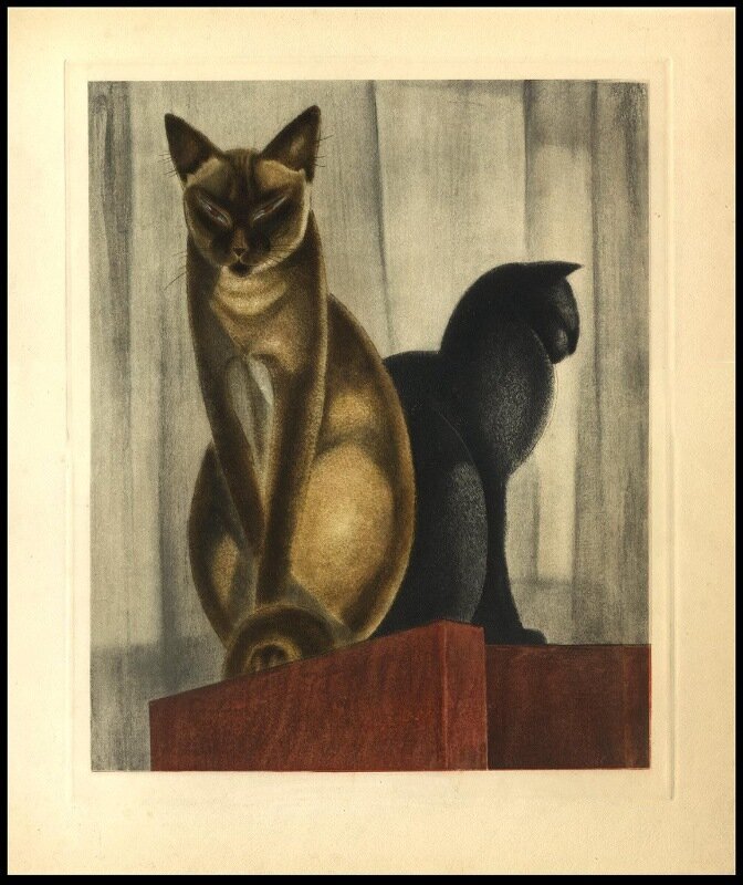 Жак Леман Нам "Сиамские коты", цветная акватинта, 1930. 38 x 33 см. 