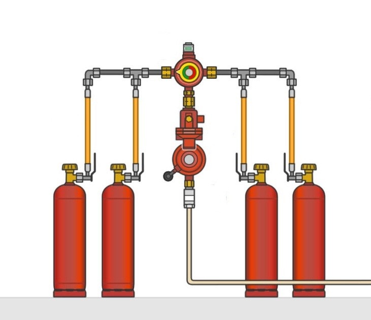 Газобаллонная система с автоматическим переключателем на трубках, состоящая из 4 баллонов