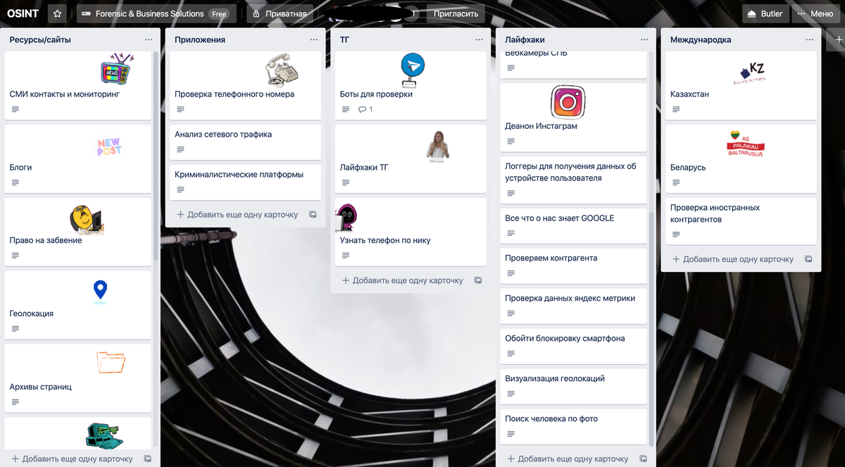 Я использую такие доски для компиляции инструментов OSINT (разведка на открытых данных)  и предоставлению их клиентам после обучения