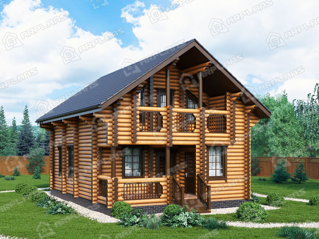 Фото 1 деревянного дома из бревна с мансардой, 2 спальнями, кабинетом, балконом, котельной и террасой, 100 кв м. Источник arplans.ru Проект ДО-163