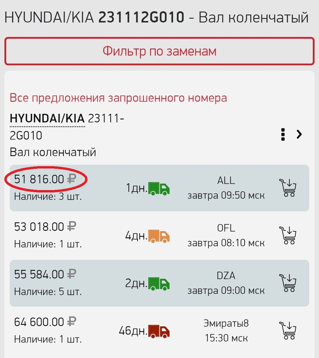 Цена коленвала на Autodoc