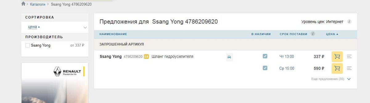 Цена за верхний и срок доставки