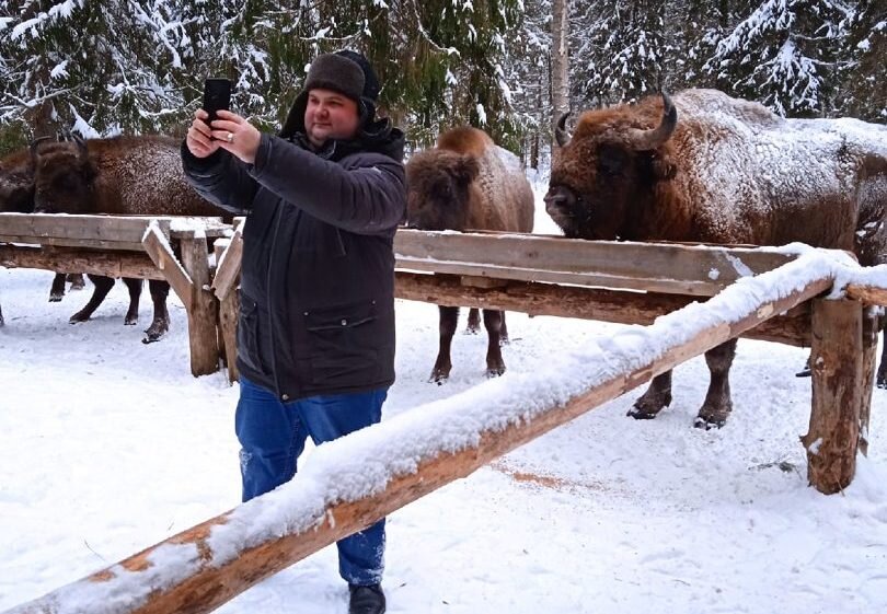 Народный экскурсовод Никита Ефимов делает селфи с зубрами