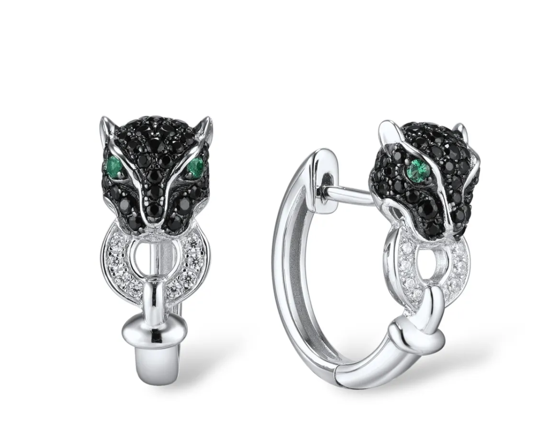 Серьги-конго «Пантера» — серебро 925 пробы с шпинелью и кубическим цирконием (арт. 117674)