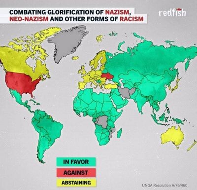 Колониальный блок, получил сильнейший удар по своей расистской идеологии по итогам поражения Германского нацизма, то есть крайней формы расизма,  во Второй мировой войне, но от идеологии расизма эти страны не отказались. На словах они осудили и осуждают расизм, но дела следуют старым курсом. Сразу после войны США приютили многих немецких нацистов. Сейчас на руководящие посты выходят потомки нацистов. Во многих странах открыто прославляют нацистов, проводят парады СС-​овцев. Сейчас весь колониальный лагерь яростно поддерживает украинский нацизм, оправдывает любые его преступления, снабжает оружием и деньгами, а русские, поставившие себе задачу уничтожения украинского нацизма, объявлены виновными уже по факту того, что они русские. На картинке справа видно, какие страны голосовали в ООН против нацизма, а какие за нацизм. За нацизм выступали как раз страны колониального блока.