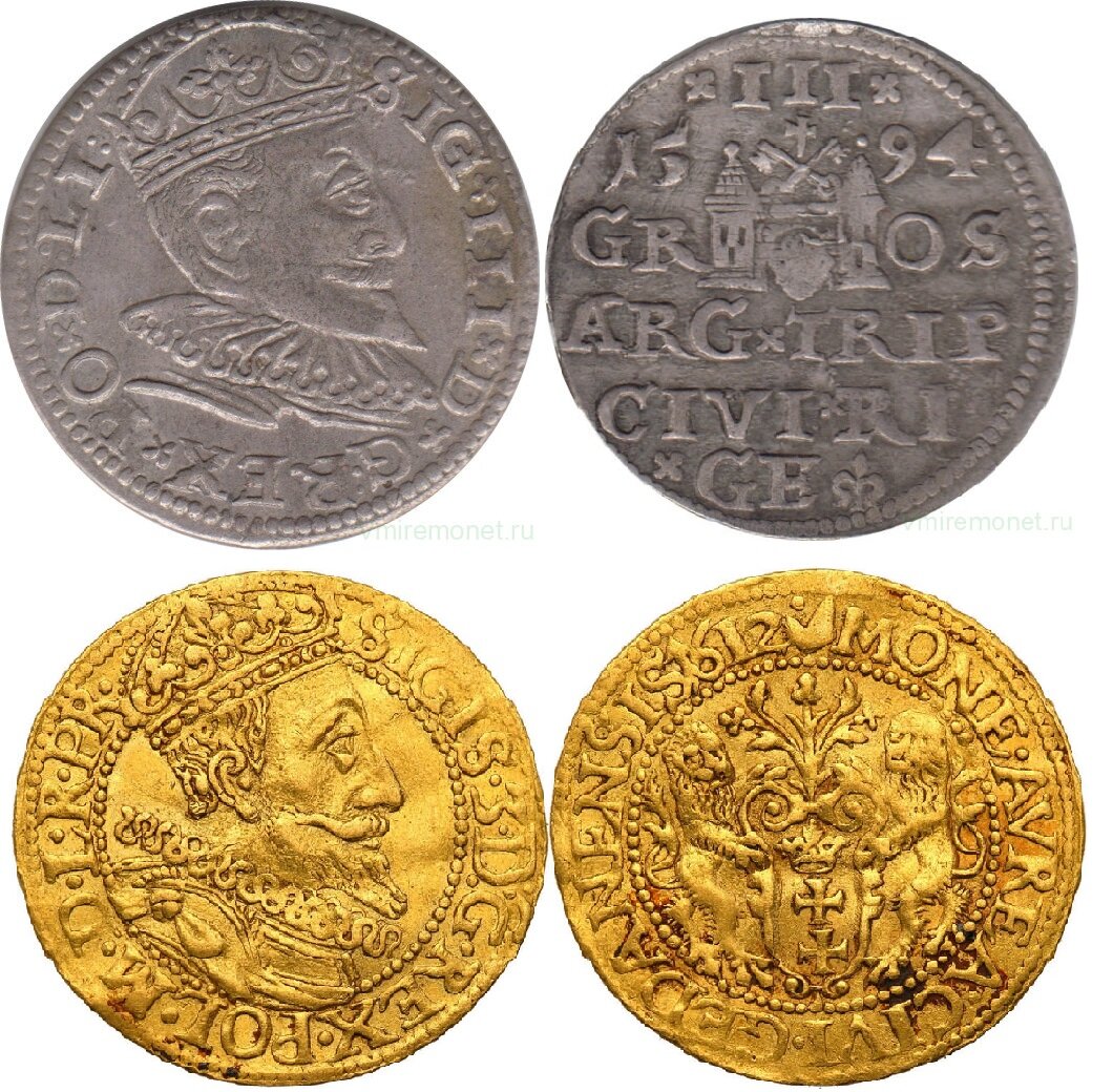 3 гроша (1612) и 1 золотой дукат (1594) короля Сигизмунда III Вазы. Польша.