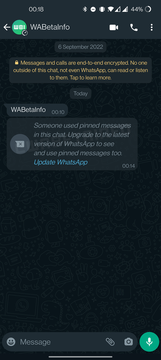    Скриншот подтверждает, что в WhatsApp появится новая опция. Перевод: «Кто-то закрепил сообщение в этом чате. Обновите WhatsApp до последней версии, чтобы увидеть и использовать закрепленные сообщения тоже». Фото: wabetainfo.com
