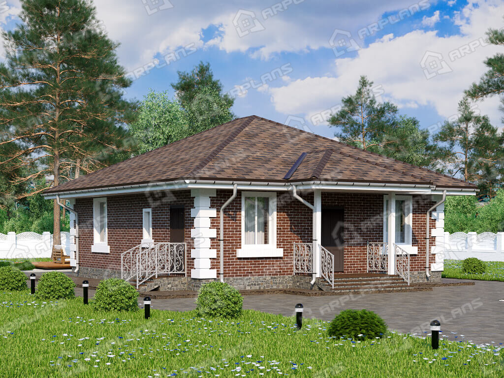 Фото 1 одноэтажного дома из газобетона с 3 спальней, террасой и газовой котельной. 120 кв м. Источник arplans.ru Проект К-324