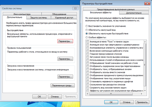 Вариант четвертый-Калдуем в графических настройках для повышения фпс!

Для того чтобы повысить производительность твоей шарманки, необходимо зайти в «Пуск», далее выбрать «Компьютер» и в этой вкладке при наведении на пустую область при помощи клика правой кнопки мыши, открыть «Свойства». В «Свойствах» перейти во вкладку «Дополнительные параметры системы», а после в «Параметрах» убрать все отметки. Данная шаманская процедурка может немного попортить визуальную составляющую операционной системы, но зато значительно увеличит производительность Windows.





