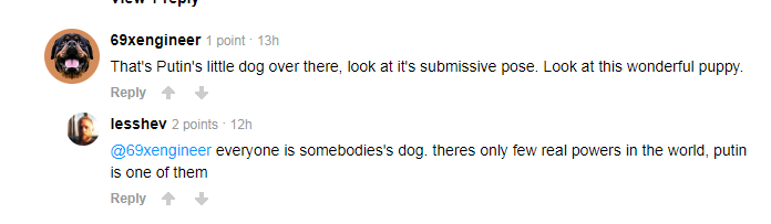 Это маленькая собачка Путина, посмотрите на ее покорную позу. Посмотрите на этого замечательного щенка.                                                                                                                                              @ 69xengineer все - чьи-то собаки. В мире всего несколько настоящих держав, Путин - одна из них