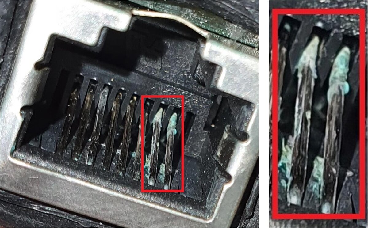 На фотографии хорошо видно окисление металла на аноде (при передаче PoE методом В минус подается на контакты 7,8). Разъем (в данном случае устройство целиком) надо менять, хотя, может быть удастся его очистить разъем, если контакты не повреждены. Даже после высыхания электролита (ионизированной воды) сопротивление изоляции между контактами упадет, а переходное сопротивление возрастет.
