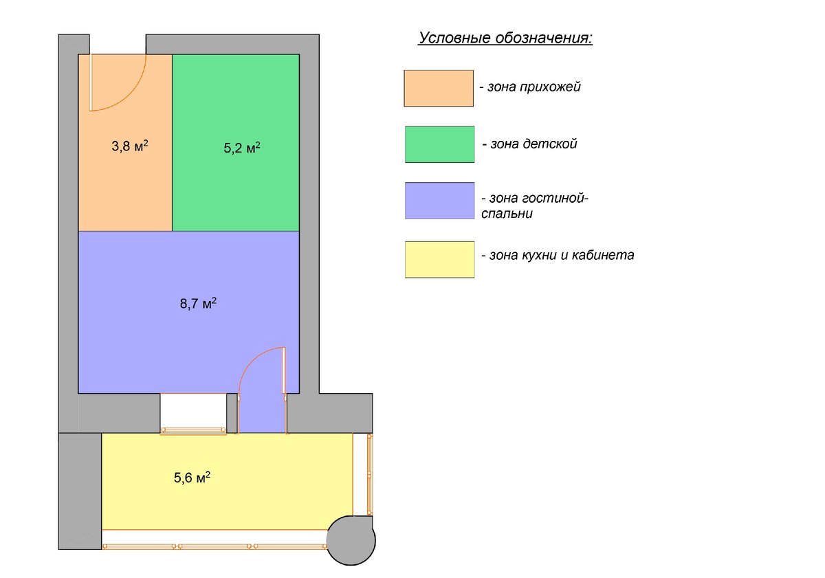 План зонирования комнаты с балконом.