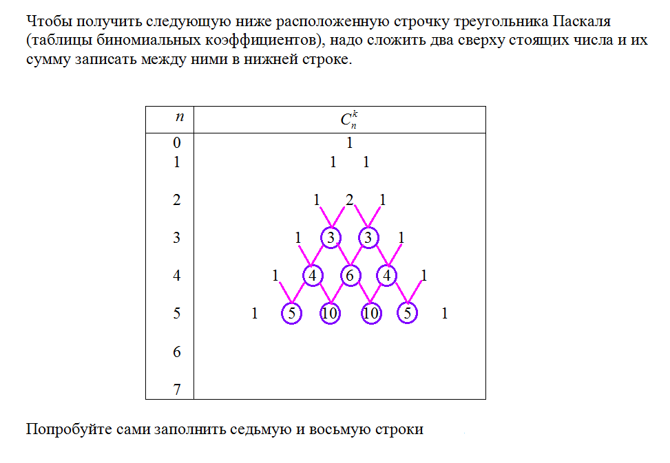 Используя рисунок 1 найди суммы чисел для каждой из первых шести строк треугольника паскаля