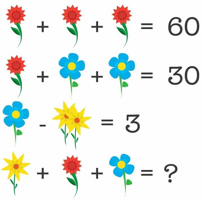 Сколько будет угадай плюс. Задачка с цветочками. Ответ задачки с цветочками. Математические головоломки с цифрами. Математические головоломки картинки.