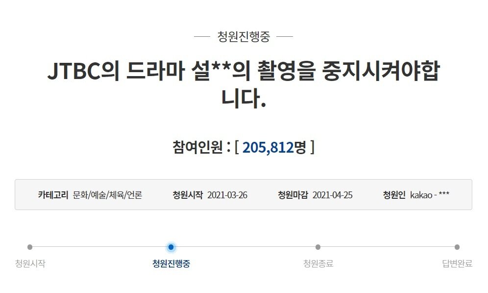 Скриншот  петиции на веб-сайте Администрации Президента Южной Кореи с призывом к  отмене сериала «Snowdrop» (веб-сайт Администрации Президента ЮК)
