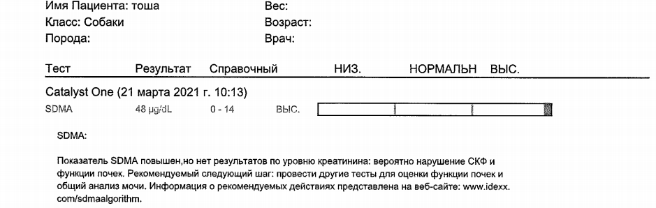 Показатель SDMA превышал норму почти в 4 раза.