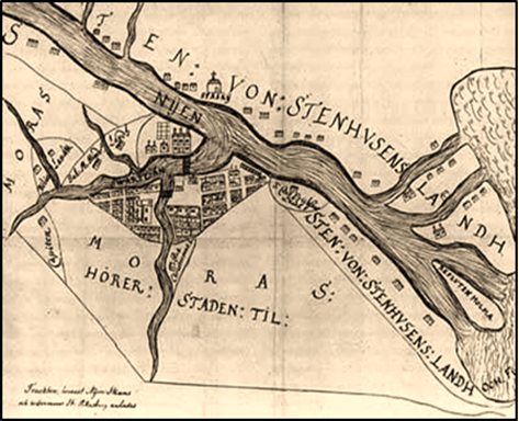 Шведская карта с Ниенштадтом конца 17-го века из стокгольмского военного архива.  По берегам Невы обозначены остатки неких каменных строений. За Ниеншанцем указана трясина (Moras), продолжающаяся по слухам вплоть до города (верхнего города). 