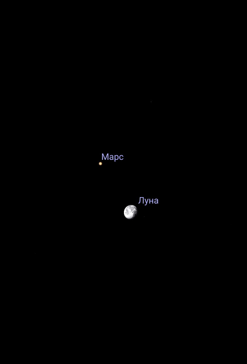  Соединение Марса и Луны в ночь с 5 на 6 сентября 2020 года, программа Stellarium