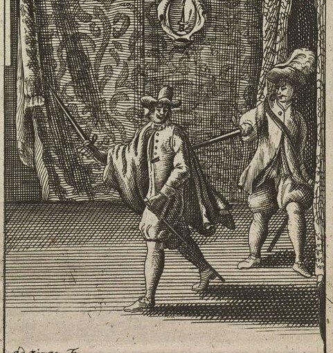 Интерьер с двумя мужчинами с мечами (гравюра Jan de Jonge, 1701 год).