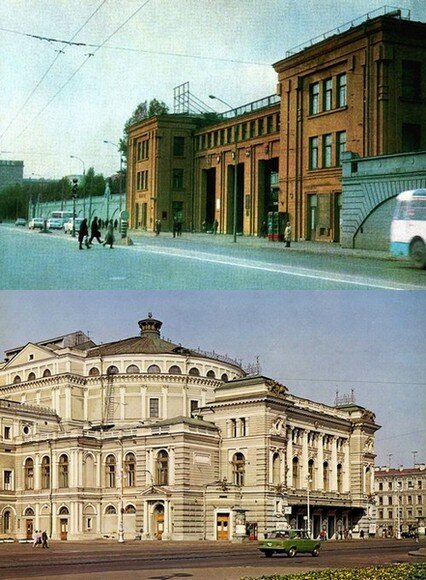 На снимке в верхней части изображена старая проходная Кировского завода (Сейчас она снесена и там выстроен бизнес центр), а внизу изображено здание Мариинского театра. Картинка взята из открытых источников интернета.