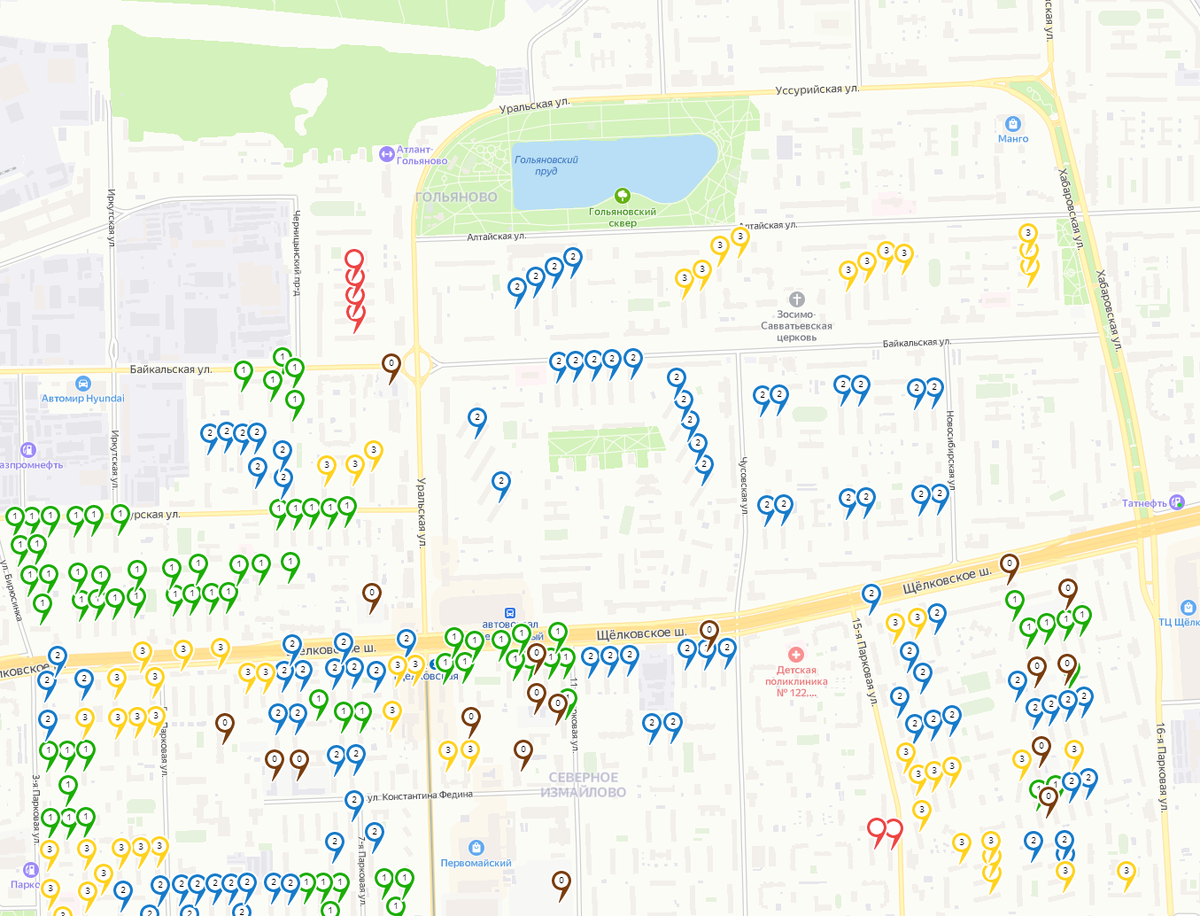 Карта домов под реновацию в Гольяново и Северное Измайлово. Автор: DimaFromMai на Хабре.