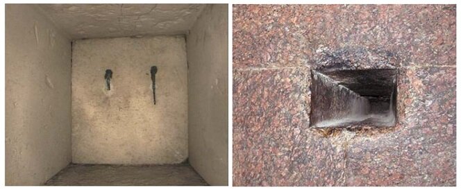 Дверца в вентиляционной шахте камеры Царицы и устье вентиляционной шахты в камере Царя