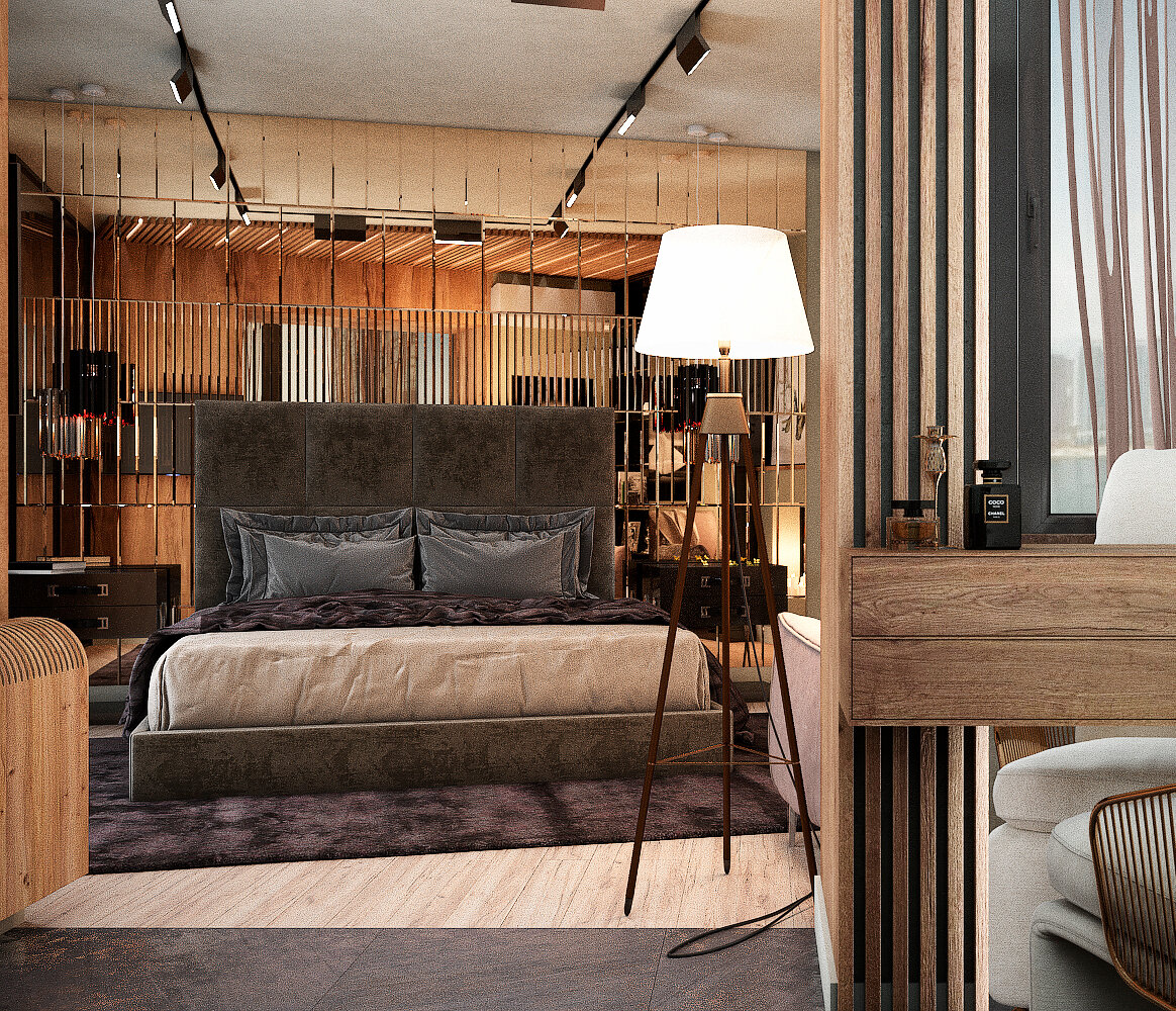 Зеркальная стена в интерьере спальни. Проект студии Малина.