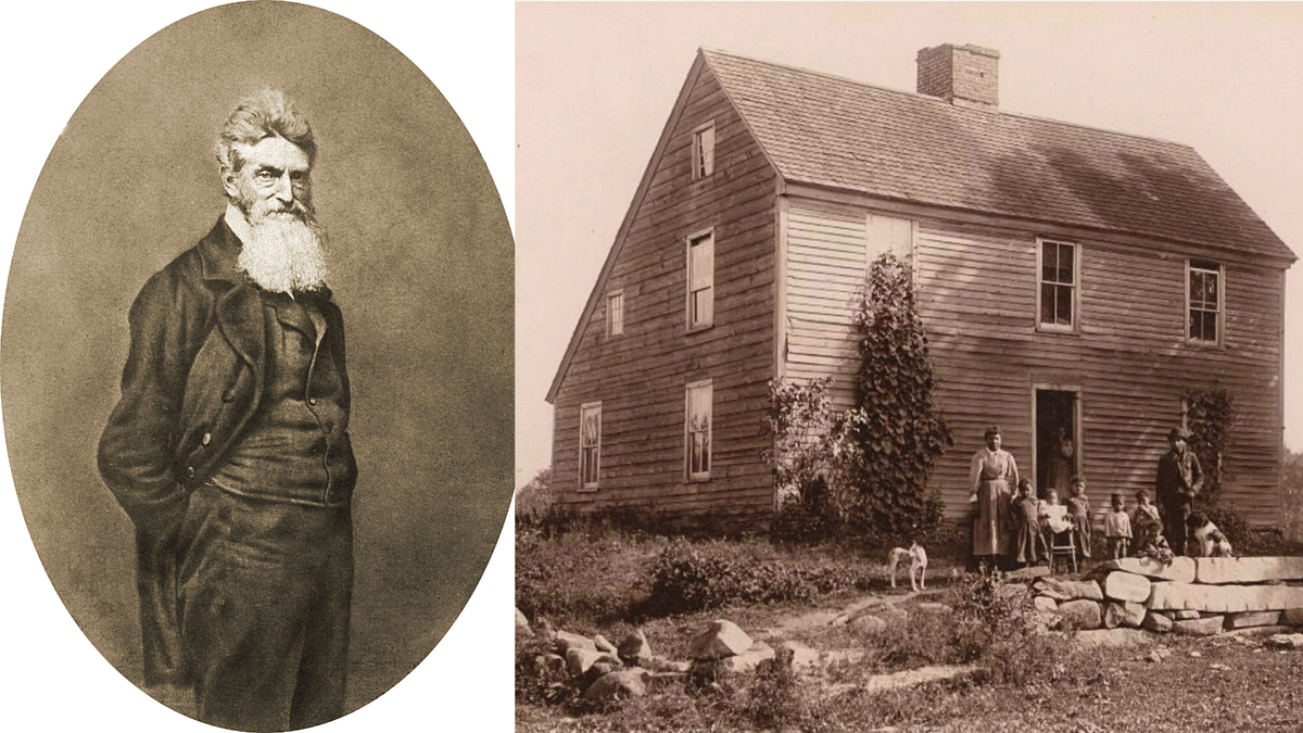 Джон Браун в зените борьбы (1859 г., слева). Дом, в котором он родился в 1800 году (фото 1896 г., справа) В 1918 году дом сгорел. © Kansas Historical Society