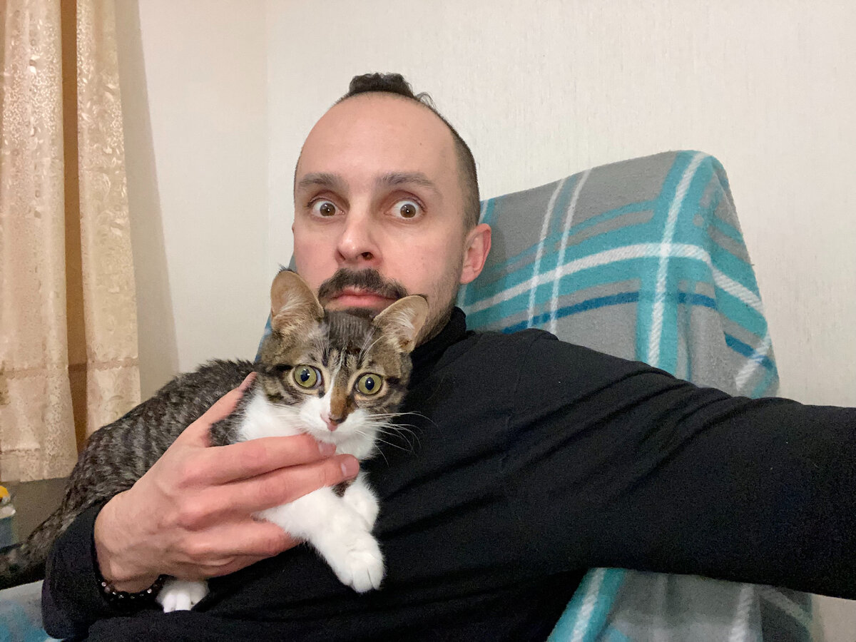 Это мы с Симбой играли в игру "Кто кого переглядит". Естественно, победил тот, у кого пушистый хвост