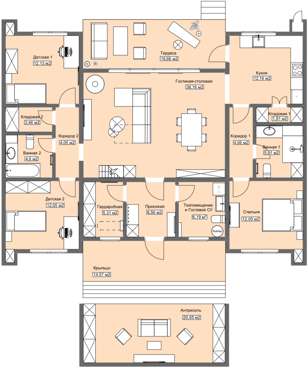 Планировка дома Люсьен с расстановкой мебели 