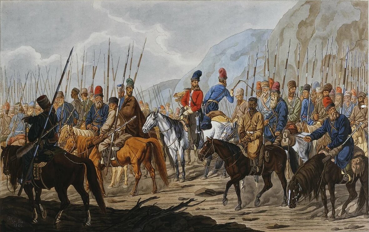 «Яицкие казаки в походе» (акварель немецкого художника Карла Хесса 1755-1828). Изображение из открытых источников.