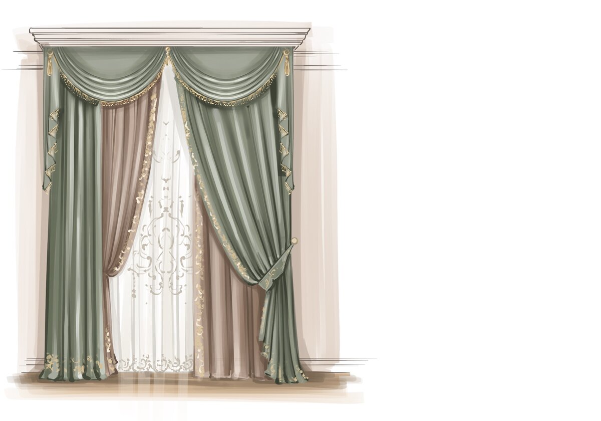 Классические шторы, нарисованные на планшете