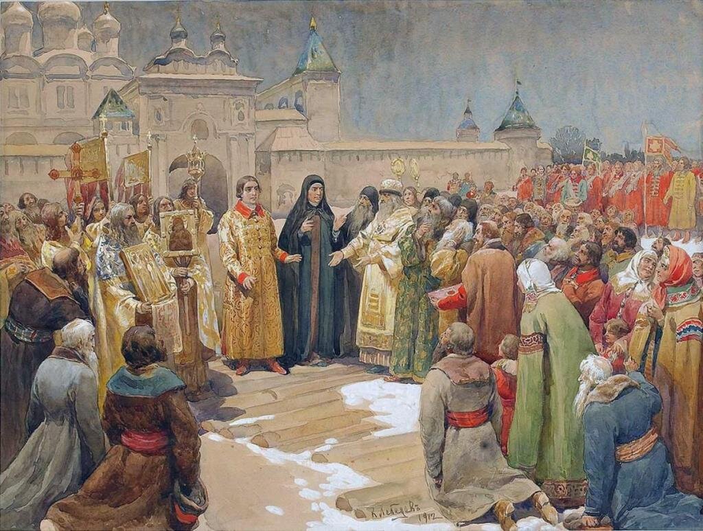 Участники Земского собора 1613 года просят Михаила Романова стать царем