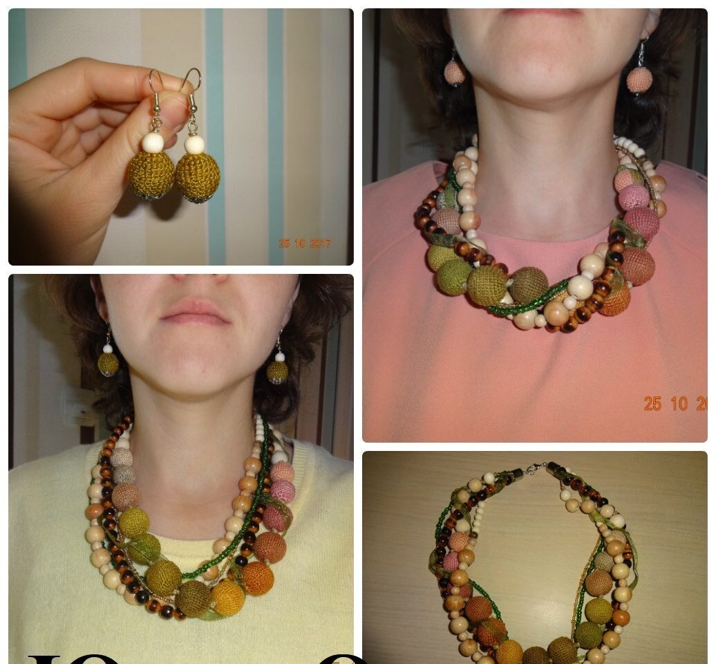 мои многослойные колье с использованием можжевеловых бусин