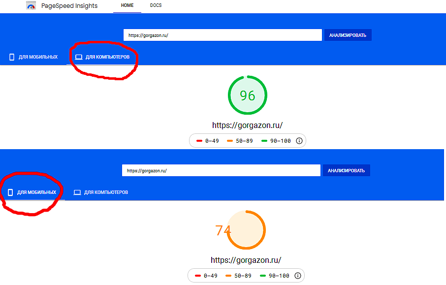 Скорость загрузки  сайта gorgazon.ru