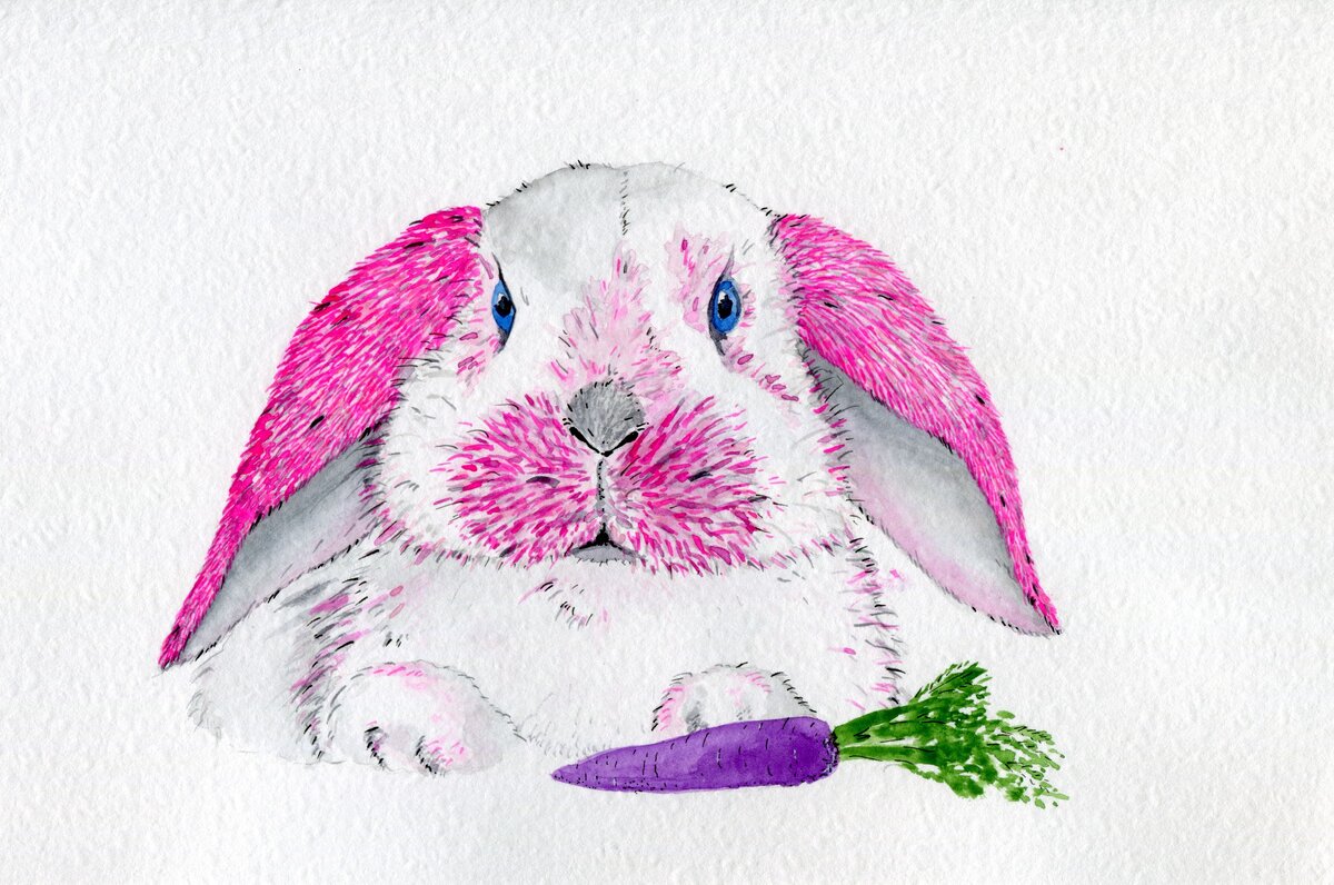 "Мам, а розовые кролики бывают?" (акварель, линер)