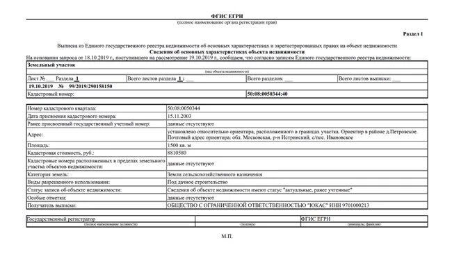 Пример выписки из ЕГРН
