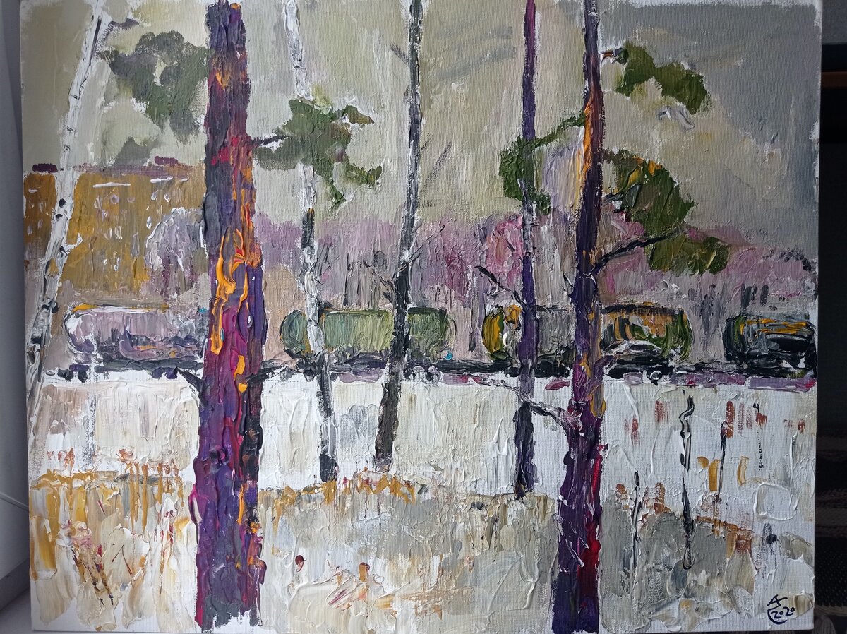 Зимний пейзаж с товарным поездом. Акрил, грунтованный картон, мастихин. 40x50. 2020