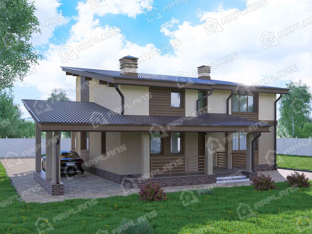 Фото 2 двухэтажного дома из газобетона с 3 спальнями, балконом, газовой котельной, двумя террасами и навесом ля машины. Полезная площадь 180 кв м. Источник arplans.ru Проект К-163